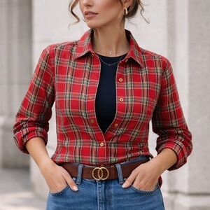 Talbots Petites Red Plaid Shirt Academia Preppy Classic Tartan Cotton Blend 14P